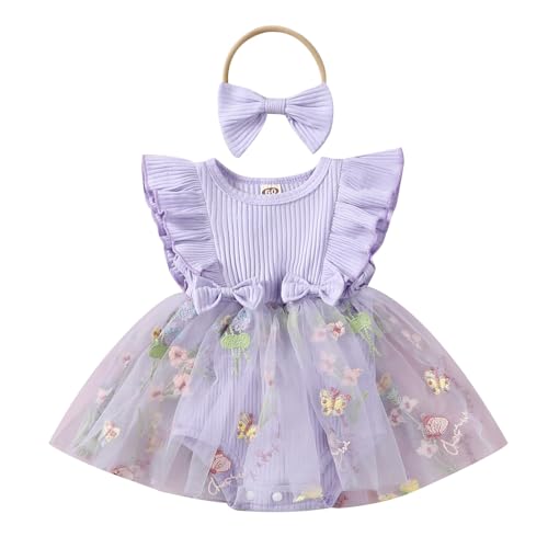 Odizli 1 Geburtstag Mädchen Outfit Kurzarm Strampler Kleid Blume Stickerei Tüllkleid+Stirnband Sommer Babykleidung Neugeborene Erstausstattung Babysachen Set Baby Fotoshooting Lila 18-24 Monate von Odizli