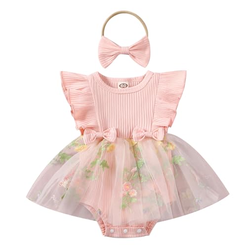 Odizli 1 Geburtstag Mädchen Outfit Kurzarm Strampler Kleid Blume Stickerei Tüllkleid+Stirnband Sommer Babykleidung Neugeborene Erstausstattung Babysachen Set Baby Fotoshooting Rosa 0-3 Monate von Odizli