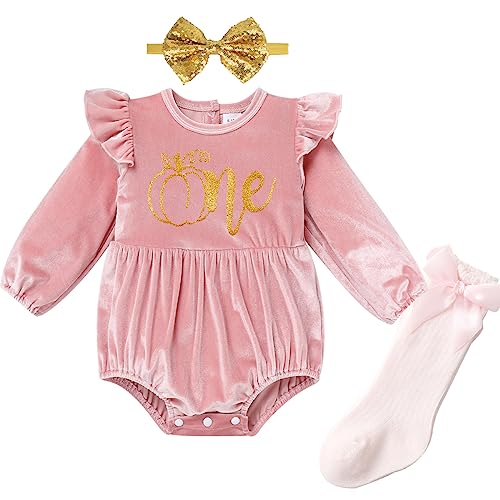 Odizli 1 Geburtstag Mädchen Outfit Samt Langarm Strampler Body Overall+Socken+Stirnband Herbst Winter Kleidung Neugeborenes Baby Fotoshooting Babykleidung Babysachen Set Rosa Kürbis 12-18 Monate von Odizli