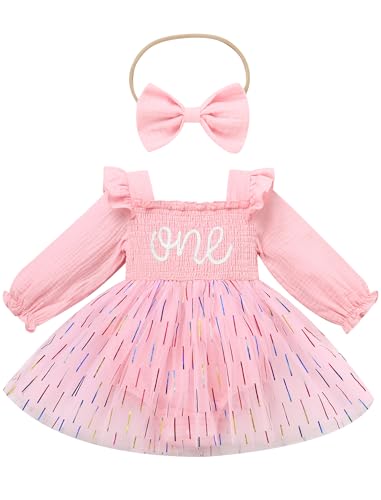Odizli 1. Geburtstag M�dchen Outfit Herbst Winter Langarm One Stickerei Blume Strampler Kleid T�llkleid+Stirnband Bekleidungssets Babykleidung Cake Smash Baby Fotoshooting Rosa 9-12 Monate von Odizli