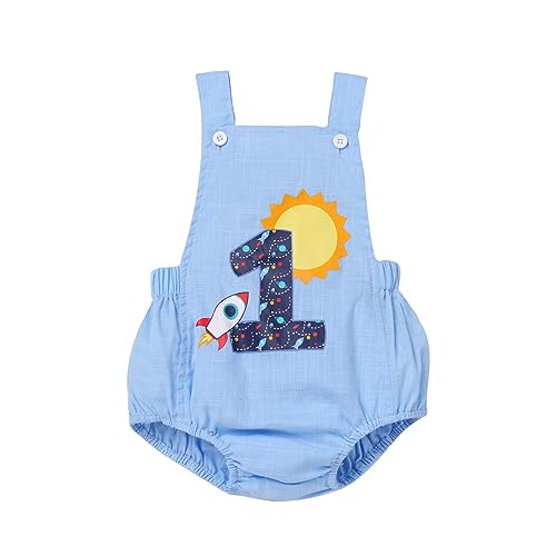 Odizli 1. Geburtstag Mädchen Junge Outfit Sommer Ärmellos Baumwolle 1 Jahr Strampler One Piece Body Babykleidung Erster Geburtstag Geschenk Cake Smash Party Baby Fotoshooting Rakete 12-18 Monate von Odizli