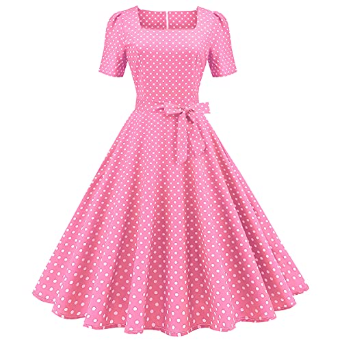 Odizli 1950er Jahre Kleider Damen Vintage Rockabilly Kurzarm Polka Dots A Linie Swing Midi Kleid Cocktail Party Abend Abschlussball Kleid, B # Pink, L von Odizli