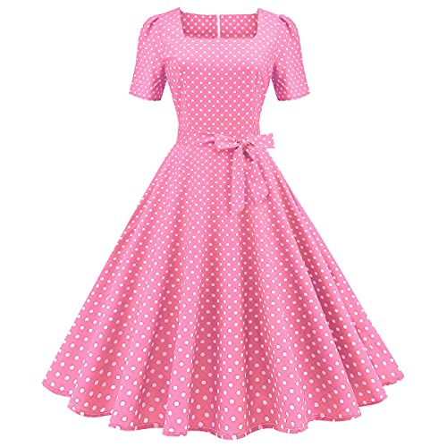 Odizli 1950er Jahre Kleider Damen Vintage Rockabilly Kurzarm Polka Dots A Linie Swing Midi Kleid Cocktail Party Abend Abschlussball Kleid, B#rosa, Medium von Odizli