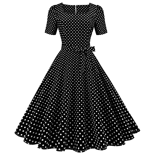 Odizli 1950er Jahre Kleider Damen Vintage Rockabilly Kurzarm Polka Dots A Linie Swing Midi Kleid Cocktail Party Abend Abschlussball Kleid, B#schwarz, Medium von Odizli