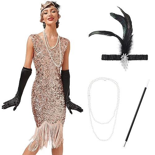 Odizli 20er Jahre Kostüm Damen Vintage Gatsby Glitzer Pailletten 1920er Charleston Flapper Fransenkleid Frauen Ärmellos V-Ausschnitt Kurz Abendkleid Hochzeit Cocktailkleid Rosa+Accessoires XS von Odizli