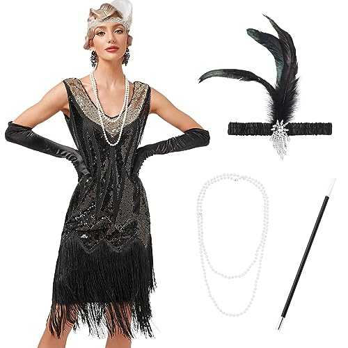 Odizli 20er Jahre Kostüm Damen Vintage Gatsby Glitzer Pailletten 1920er Charleston Flapper Fransenkleid Frauen Ärmellos V-Ausschnitt Kurz Abendkleid Hochzeit Cocktailkleid Schwarz Gold+Accessoires 3XL von Odizli