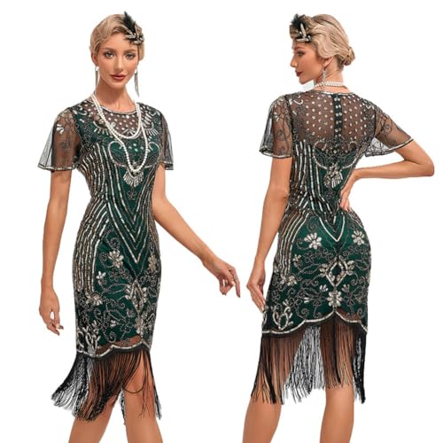 Odizli 20er Jahre Kostüm Damen Vintage Gatsby Glitzer Pailletten 1920er Charleston Flapper Fransenkleid Frauen Rüschen Kurzarm Kurz Bodycon Abendkleid Hochzeit Party Cocktailkleid Gold Grün L von Odizli
