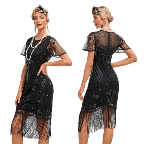 Odizli 20er Jahre Kostüm Damen Vintage Gatsby Glitzer Pailletten 1920er Charleston Flapper Fransenkleid Frauen Rüschen Kurzarm Kurz Bodycon Abendkleid Hochzeit Party Cocktailkleid Schwarz 4XL von Odizli