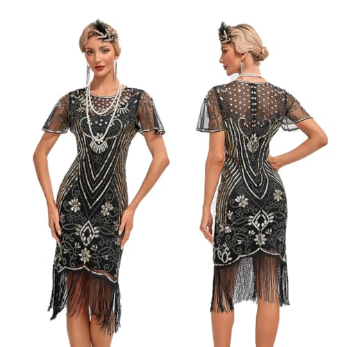 Odizli 20er Jahre Kostüm Damen Vintage Gatsby Glitzer Pailletten 1920er Charleston Flapper Fransenkleid Frauen Rüschen Kurzarm Kurz Bodycon Abendkleid Hochzeit Party Cocktailkleid Schwarz Gold M von Odizli