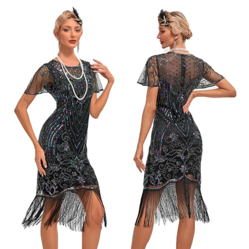 Odizli 20er Jahre Kostüm Damen Vintage Gatsby Glitzer Pailletten 1920er Charleston Flapper Fransenkleid Frauen Rüschen Kurzarm Kurz Bodycon Abendkleid Hochzeit Party Cocktailkleid Schwarz Silber M von Odizli