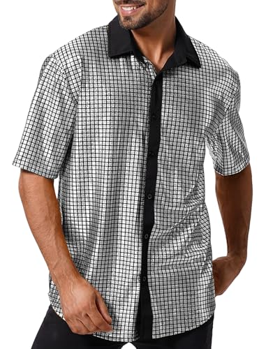 Odizli 70er Jahre Outfit Herren 80er 90er Jahre Hippie Glitzer Pailletten Kurzarm Hemd Glitzerhemd Silvester Party Schlager Mottoparty Disco Festival Karneval Abba Kost�m Faschingskost�me Silber XXL von Odizli