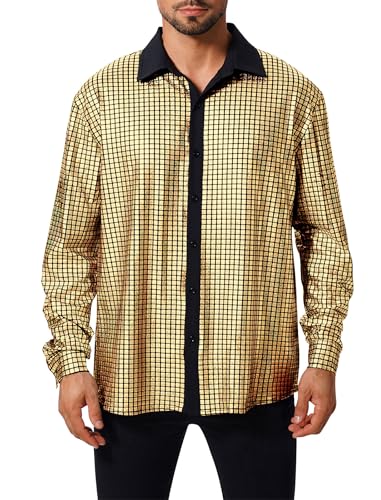 Odizli 70er Jahre Outfit Herren 80er 90er Jahre Hippie Glitzer Pailletten Langarm Hemd Glitzerhemd Silvester Party Schlager Mottoparty Disco Festival Karneval Abba Kost�m Faschingskost�me Gold XL von Odizli