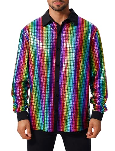 Odizli 70er Jahre Outfit Herren 80er 90er Jahre Hippie Glitzer Pailletten Langarm Hemd Glitzerhemd Silvester Party Schlager Mottoparty Disco Festival Karneval Abba Kost�m Faschingskost�me Bunt 3XL von Odizli