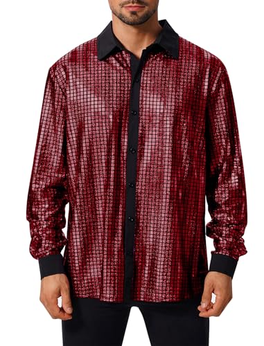 Odizli 70er Jahre Outfit Herren 80er 90er Jahre Hippie Glitzer Pailletten Langarm Hemd Glitzerhemd Silvester Party Schlager Mottoparty Disco Festival Karneval Abba Kostüm Faschingskostüme Claret 3XL von Odizli