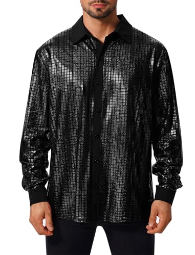 Odizli 70er Jahre Outfit Herren 80er 90er Jahre Hippie Glitzer Pailletten Langarm Hemd Glitzerhemd Silvester Party Schlager Mottoparty Disco Festival Karneval Abba Kost�m Faschingskost�me Schwarz XL von Odizli