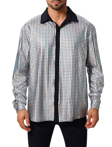 Odizli 70er Jahre Outfit Herren 80er 90er Jahre Hippie Glitzer Pailletten Langarm Hemd Glitzerhemd Silvester Party Schlager Mottoparty Disco Festival Karneval Abba Kostüm Faschingskostüme Silber XXL von Odizli