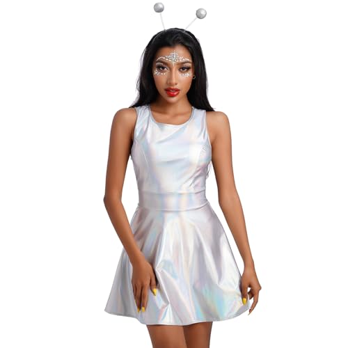 Odizli 80er Jahre Outfit 90er Damen Wetlook Glitzer Metallic Holographic Ärmellos Minikleid Space Alien Kostüm Festival Rave Disco Neon Party Halloween Karneval Faschingskostüme+Stirnband Silber L von Odizli