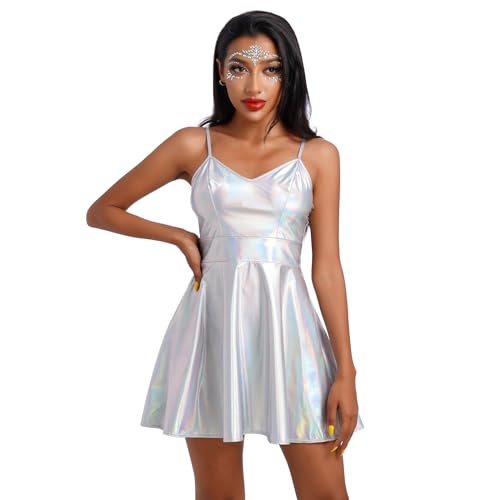 Odizli 80er Jahre Outfit 90er Damen Wetlook Glitzer Metallic Holographic Ärmellos Skater Minikleid Space Alien Kostüm Festival Rave Disco Neon Party Halloween Karneval Faschingskostüme Laser Silber S von Odizli