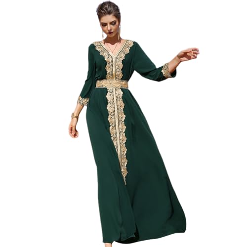 Odizli Abaya Muslim Damen Gebetskleidung Frauen Muslimische Islamische Elegant Langarm V-Ausschnitt Blumen Spitze Stickerei Strass Lang Kleid Hochzeitsgäste Hochzeit Festlich Abendkleid Dunkelgrün S von Odizli