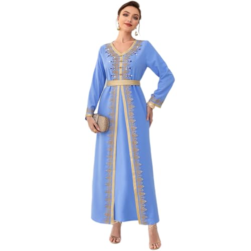 Odizli Abaya Muslim Damen Gebetskleidung Frauen Muslimische Islamische Elegant Langarm V-Ausschnitt Blumen Spitze Stickerei Strass Lang Kleid Hochzeitsgäste Hochzeit Festlich Abendkleid Hellblau XL von Odizli