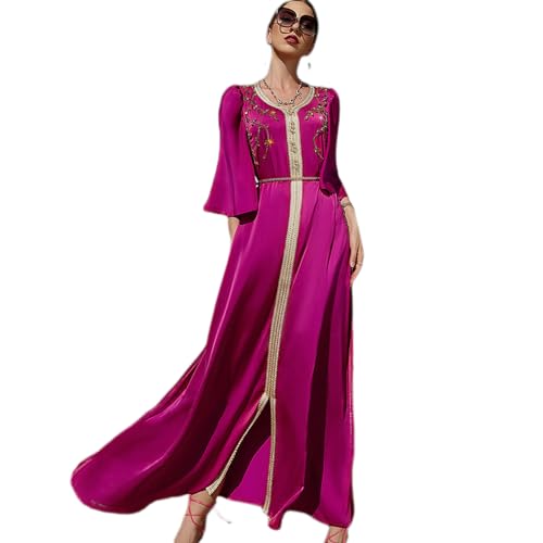 Odizli Abaya Muslim Damen Gebetskleidung Frauen Muslimische Islamische Elegant Langarm V-Ausschnitt Blumen Spitze Stickerei Strass Lang Kleid Hochzeitsgäste Hochzeit Festlich Abendkleid Rosenrot L von Odizli