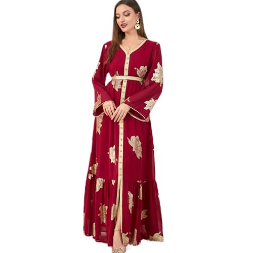 Odizli Abaya Muslim Damen Gebetskleidung Frauen Muslimische Islamische Elegant Langarm V-Ausschnitt Blumen Spitze Stickerei Strass Lang Kleid Hochzeitsgäste Hochzeit Festlich Abendkleid Rot L von Odizli