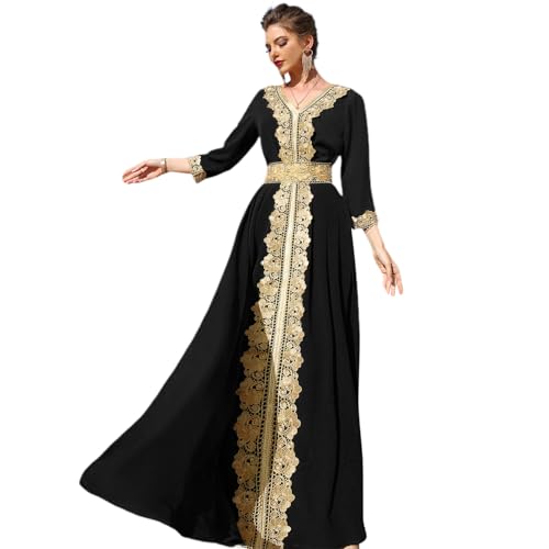 Odizli Abaya Muslim Damen Gebetskleidung Frauen Muslimische Islamische Elegant Langarm V-Ausschnitt Blumen Spitze Stickerei Strass Lang Kleid Hochzeitsgäste Hochzeit Festlich Abendkleid Schwarz XXL von Odizli