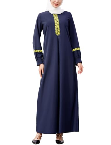 Odizli Abaya Muslim Damen Gebetskleidung Frauen Muslimische Islamische Kleidung Langarm Rundhals Druck Burka Ganzkörper Lang Gebetskleid Maxikleid Namaz Elbisesi Arabisch Ramadan Robe Dunkelblau M von Odizli