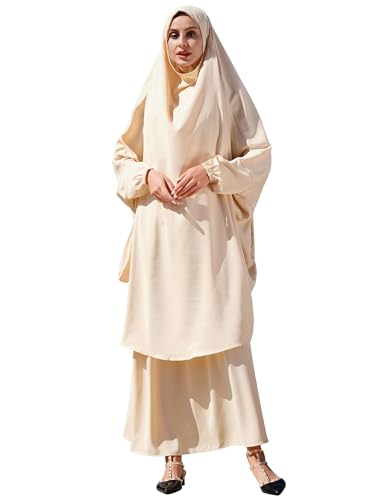 Odizli Abaya Muslim Damen Gebetskleidung für Frauen Langarm Hijab Lang Top + Maxi Rock Ramadan Outfit Islamische Muslimische Robe Kaftan Jilbab Khimar Burka Lang Gebetskleid Aprikose Einheitsgröße von Odizli