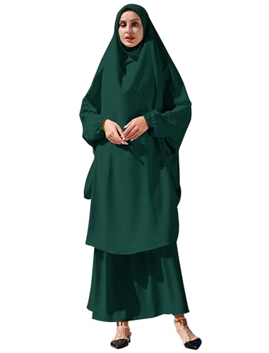 Odizli Abaya Muslim Damen Gebetskleidung für Frauen Langarm Hijab Lang Top + Maxi Rock Ramadan Outfit Islamische Muslimische Robe Kaftan Jilbab Khimar Burka Lang Gebetskleid Dunkelgrün Einheitsgröße von Odizli