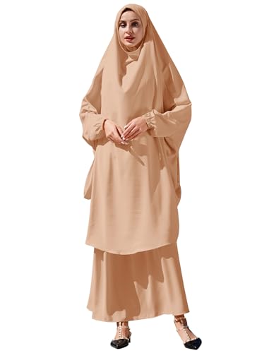 Odizli Abaya Muslim Damen Gebetskleidung für Frauen Langarm Hijab Lang Top + Maxi Rock Ramadan Outfit Islamische Muslimische Robe Kaftan Jilbab Khimar Burka Lang Gebetskleid Khaki Einheitsgröße von Odizli