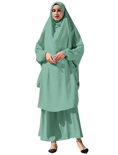 Odizli Abaya Muslim Damen Gebetskleidung für Frauen Langarm Hijab Lang Top + Maxi Rock Ramadan Outfit Islamische Muslimische Robe Kaftan Jilbab Khimar Burka Lang Gebetskleid Mintgrün Einheitsgröße von Odizli