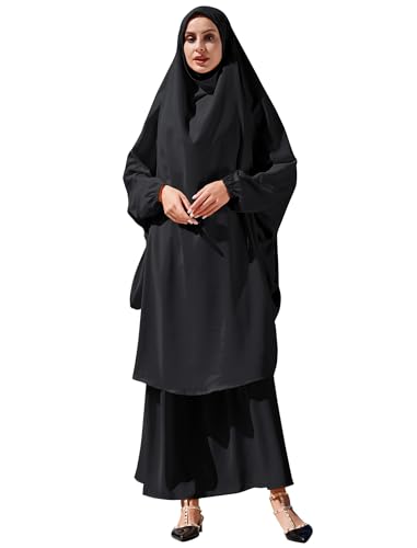 Odizli Abaya Muslim Damen Gebetskleidung für Frauen Langarm Hijab Lang Top + Maxi Rock Ramadan Outfit Islamische Muslimische Robe Kaftan Jilbab Khimar Burka Lang Gebetskleid Schwarz Einheitsgröße von Odizli