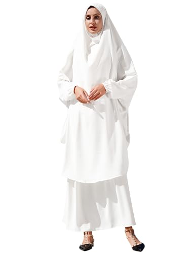 Odizli Abaya Muslim Damen Gebetskleidung für Frauen Langarm Hijab Lang Top + Maxi Rock Ramadan Outfit Islamische Muslimische Robe Kaftan Jilbab Khimar Burka Lang Gebetskleid Weiß Einheitsgröße von Odizli