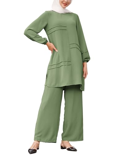 Odizli Abaya Muslim Damen Gebetskleidung für Frauen Langarm Lang Top + Weite Hose Zweiteiler Loungewear Set Muslimische Islamische Kaftan Burka Gebetskleid Namaz Elbisesi Ramadan Outfit Grün L von Odizli