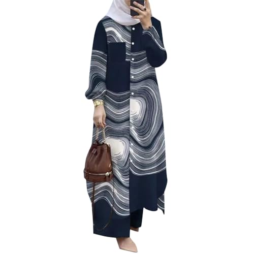 Odizli Abaya Muslim Damen Gebetskleidung für Frauen Muslimische Islamische Langarm Button Down Lang Hemd + Hose Zweiteiler 2 Teiler Loungewear Set Gebetskleid Ramadan Outfit Blau Weiß L von Odizli