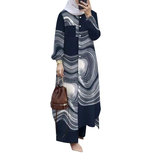 Odizli Abaya Muslim Damen Gebetskleidung für Frauen Muslimische Islamische Langarm Button Down Lang Hemd + Hose Zweiteiler 2 Teiler Loungewear Set Gebetskleid Ramadan Outfit Blau Weiß S von Odizli