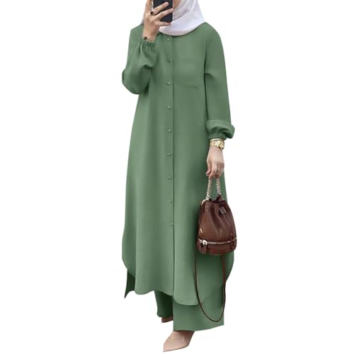 Odizli Abaya Muslim Damen Gebetskleidung für Frauen Muslimische Islamische Langarm Button Down Lang Hemd + Hose Zweiteiler 2 Teiler Loungewear Set Gebetskleid Ramadan Outfit Grün XL von Odizli