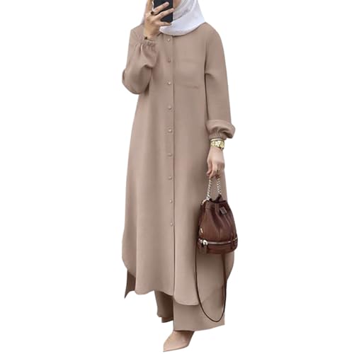 Odizli Abaya Muslim Damen Gebetskleidung für Frauen Muslimische Islamische Langarm Button Down Lang Hemd + Hose Zweiteiler 2 Teiler Loungewear Set Gebetskleid Ramadan Outfit Khaki L von Odizli