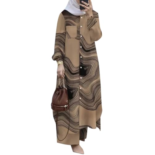 Odizli Abaya Muslim Damen Gebetskleidung für Frauen Muslimische Islamische Langarm Button Down Lang Hemd + Hose Zweiteiler 2 Teiler Loungewear Set Gebetskleid Ramadan Outfit Khaki Schwarz 3XL von Odizli