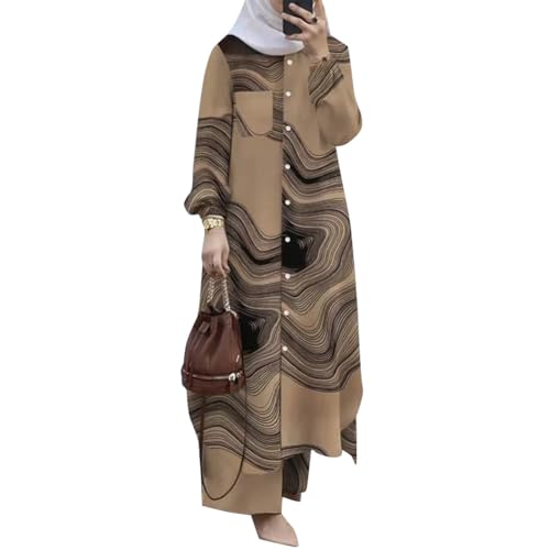 Odizli Abaya Muslim Damen Gebetskleidung für Frauen Muslimische Islamische Langarm Button Down Lang Hemd + Hose Zweiteiler 2 Teiler Loungewear Set Gebetskleid Ramadan Outfit Khaki Schwarz L von Odizli