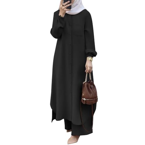 Odizli Abaya Muslim Damen Gebetskleidung für Frauen Muslimische Islamische Langarm Button Down Lang Hemd + Hose Zweiteiler 2 Teiler Loungewear Set Gebetskleid Ramadan Outfit Schwarz 3XL von Odizli