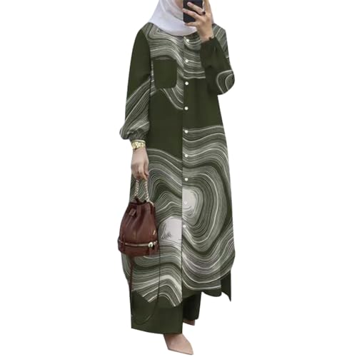 Odizli Abaya Muslim Damen Gebetskleidung für Frauen Muslimische Islamische Langarm Button Down Lang Hemd + Hose Zweiteiler 2 Teiler Loungewear Set Gebetskleid Ramadan Outfit Schwarz Grün XXL von Odizli