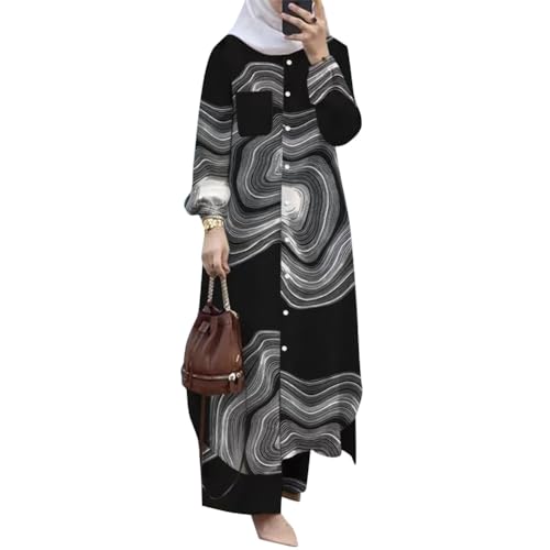 Odizli Abaya Muslim Damen Gebetskleidung für Frauen Muslimische Islamische Langarm Button Down Lang Hemd + Hose Zweiteiler 2 Teiler Loungewear Set Gebetskleid Ramadan Outfit Schwarz Weiß XL von Odizli