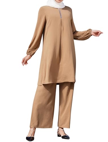 Odizli Abaya Muslim Damen Gebetskleidung für Frauen Muslimische Islamische Langarm Pailletten Lang Top + Weite Hose Loungewear Set Gebetskleid Burka Ganzkörper Namaz Elbisesi Ramadan Outfit Khaki XXL von Odizli