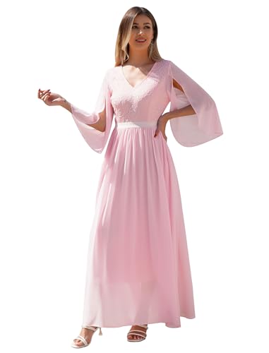 Odizli Abendkleid Damen Lang Elegant 3/4 Ärmel V-Ausschnitt Spitze Chiffonkleid Festlich Hochzeit Hochzeitsgast Ballkleider Brautjungfernkleider Abschlussballkleid Jugendweihe Kleider Rosa M von Odizli