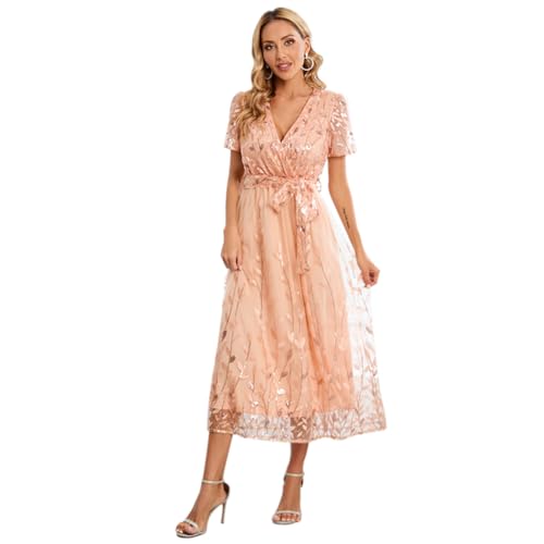 Odizli Abendkleid Elegant für Hochzeit Damen Kurzarm V-Ausschnitt Wickelkleid Glitzer Pailletten Blätter Stickerei Mesh Tüllkleid Festlich Hochzeitsgast Lang Ballkleider Midikleid Sommerkleid Rosa L von Odizli