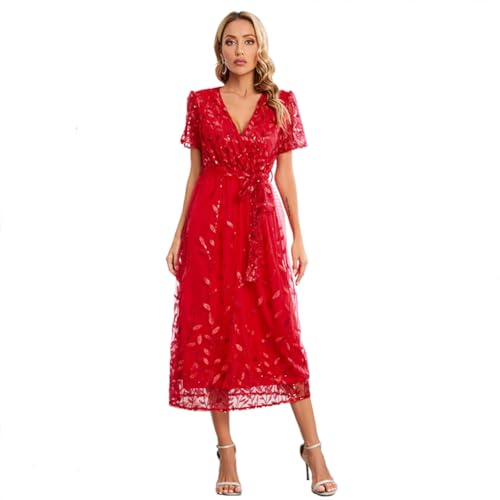 Odizli Abendkleid Elegant für Hochzeit Damen Kurzarm V-Ausschnitt Wickelkleid Glitzer Pailletten Blätter Stickerei Mesh Tüllkleid Festlich Hochzeitsgast Lang Ballkleider Midikleid Sommerkleid Rot XXL von Odizli