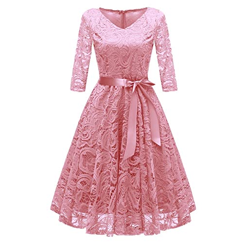 Odizli Abendkleider Elegant für Hochzeit Cocktailkleid Damen 3/4 Ärmel V-Ausschnitt Blume Spitzenkleid Rockabilly Vintage Festlich Hochzeitsgast Kurz Ballkleid Abschlusskleid Brautkleid Rosa L von Odizli