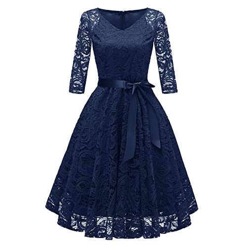 Odizli Abendkleider Elegant für Hochzeit Cocktailkleid Damen 3/4 Ärmel V-Ausschnitt Knielang Blume Spitzenkleid Festlich Hochzeitsgast Kurz Ballkleid Abschlusskleid Brautkleid Marineblau L von Odizli